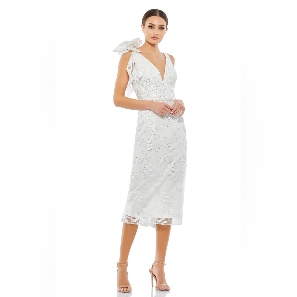 Mac Duggal White Floral Embellished V-Neck Midi Dress With Shoulder Bow Size 12